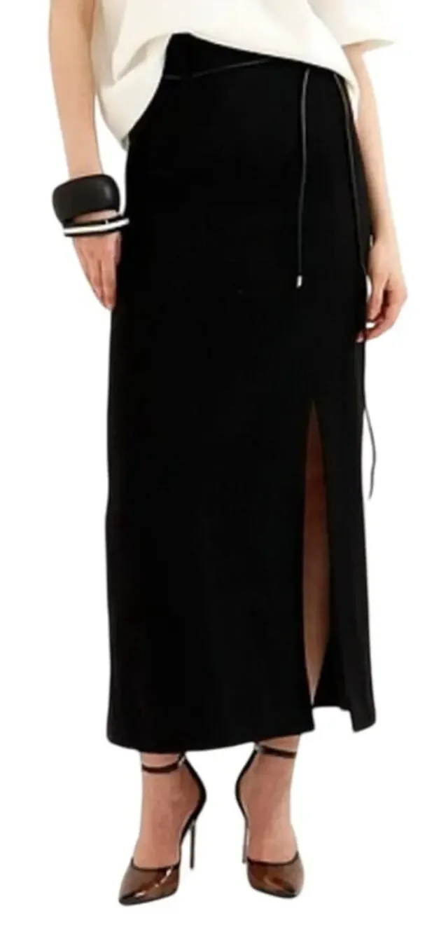 Le' AL.X Wool Blend Knit High Rise Belted Hem Pencil Maxi Black Wool Skirt Sz 4
